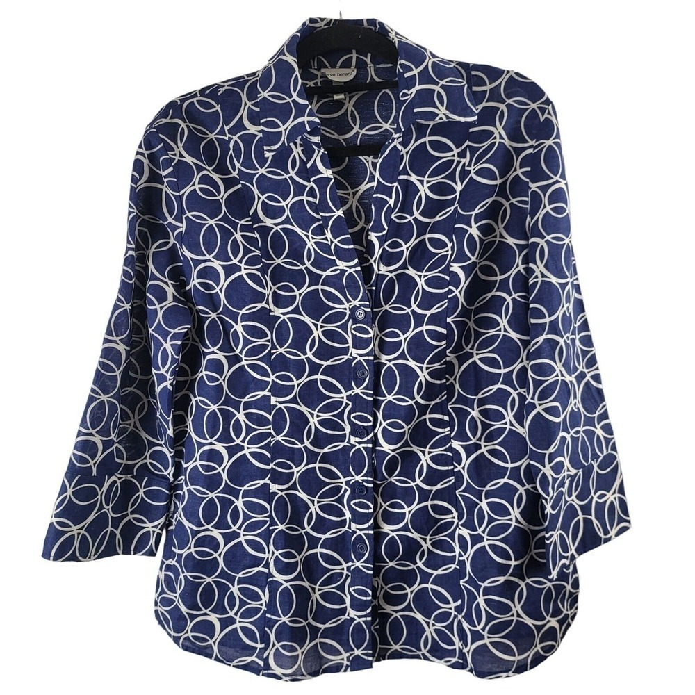 Harve Benard Button Front Top XL Womens Linen‎ Blend Long Sleeve Blue White